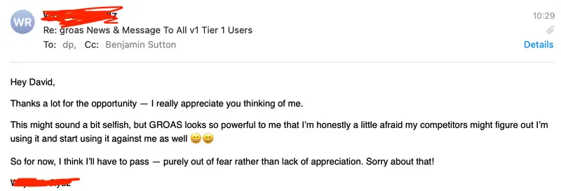 Email expressing appreciation but declining an opportunity due to fear competitors might use groas against the sender.