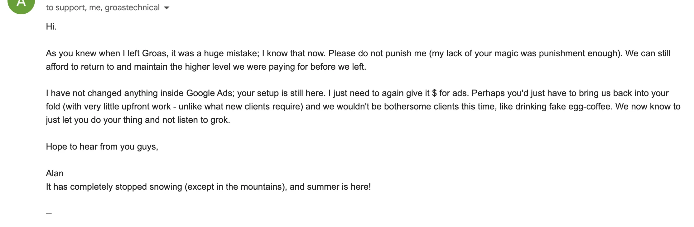 Email from Alan apologizing for leaving, asking to return to the previous Google Ads setup, and noting summer arrival.