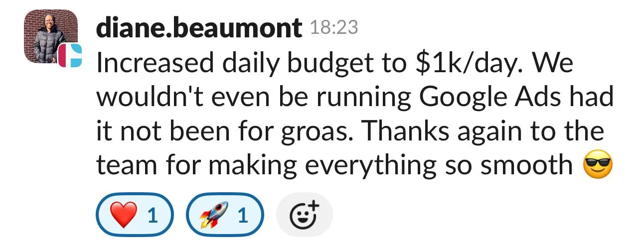 Message from diane.beaumont about increasing daily budget to $1k/day and thanking team for smooth work.