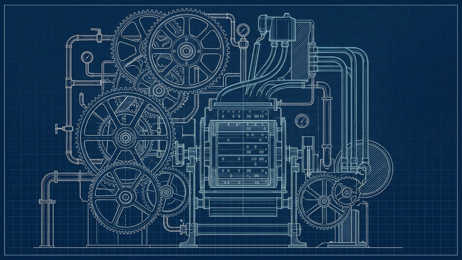 Blueprint of a large clockwork media engine with brass gears and punch-card feeds.