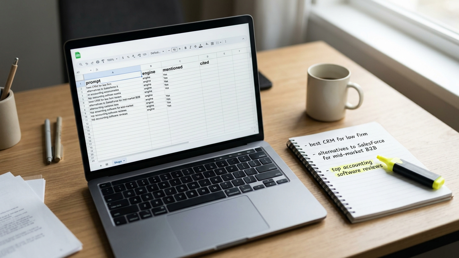 Overhead view of a spreadsheet mapping buyer questions to AI brand mentions