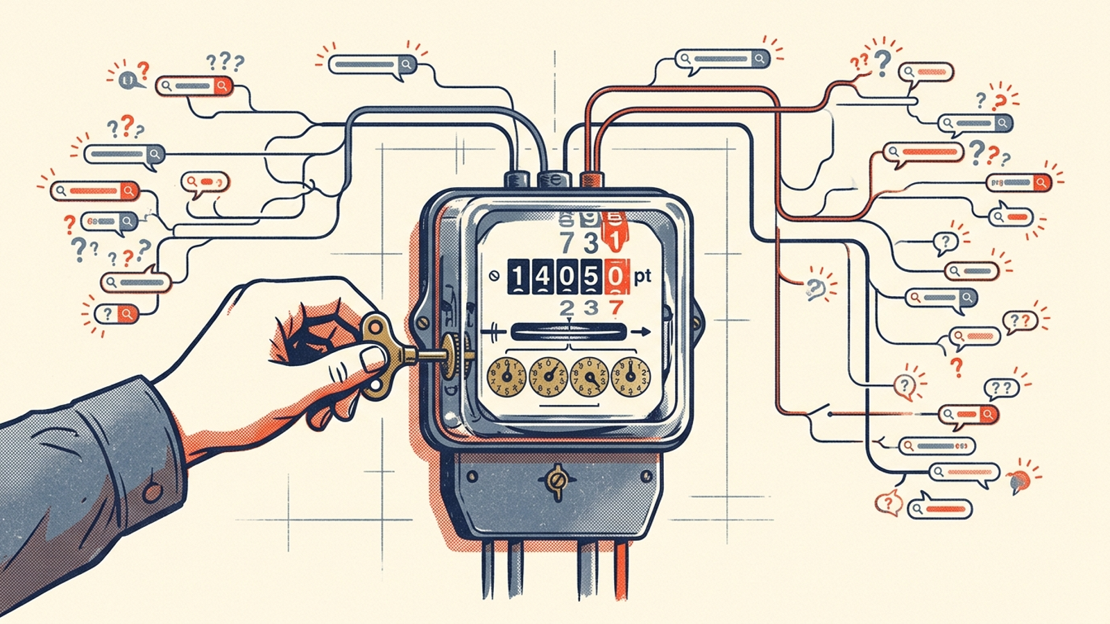 A utility meter wired to an expanding web of search prompts, its numbers spinning upward.