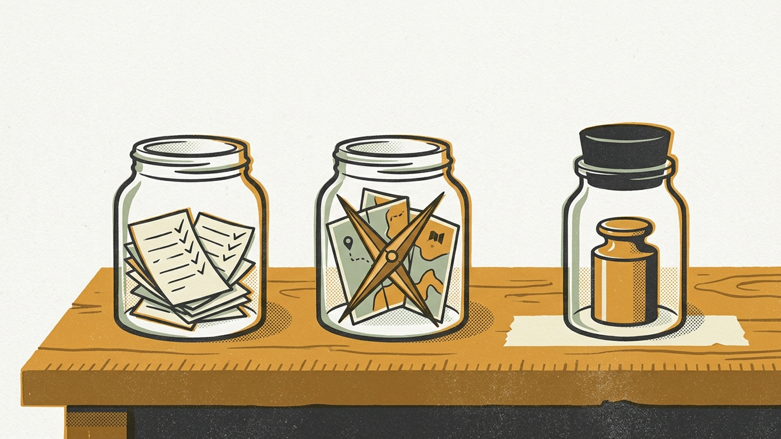 Three specimen jars on a laboratory bench representing buyer prompts, category prompts, and an untouched control group.