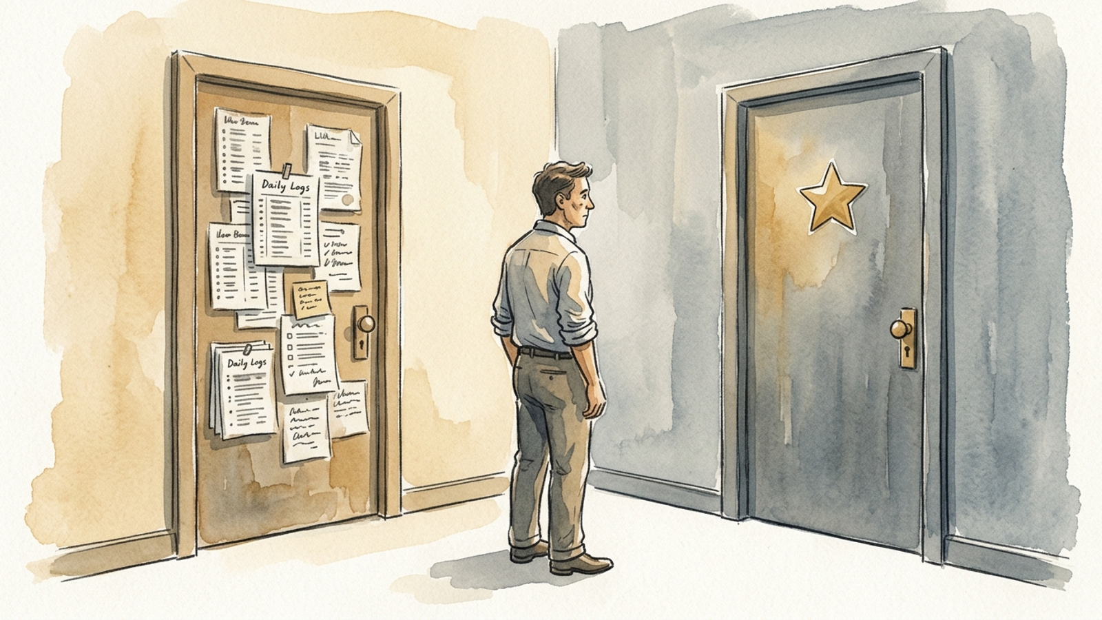 Watercolor of a small business owner choosing between two doors labeled execution model and adjective
