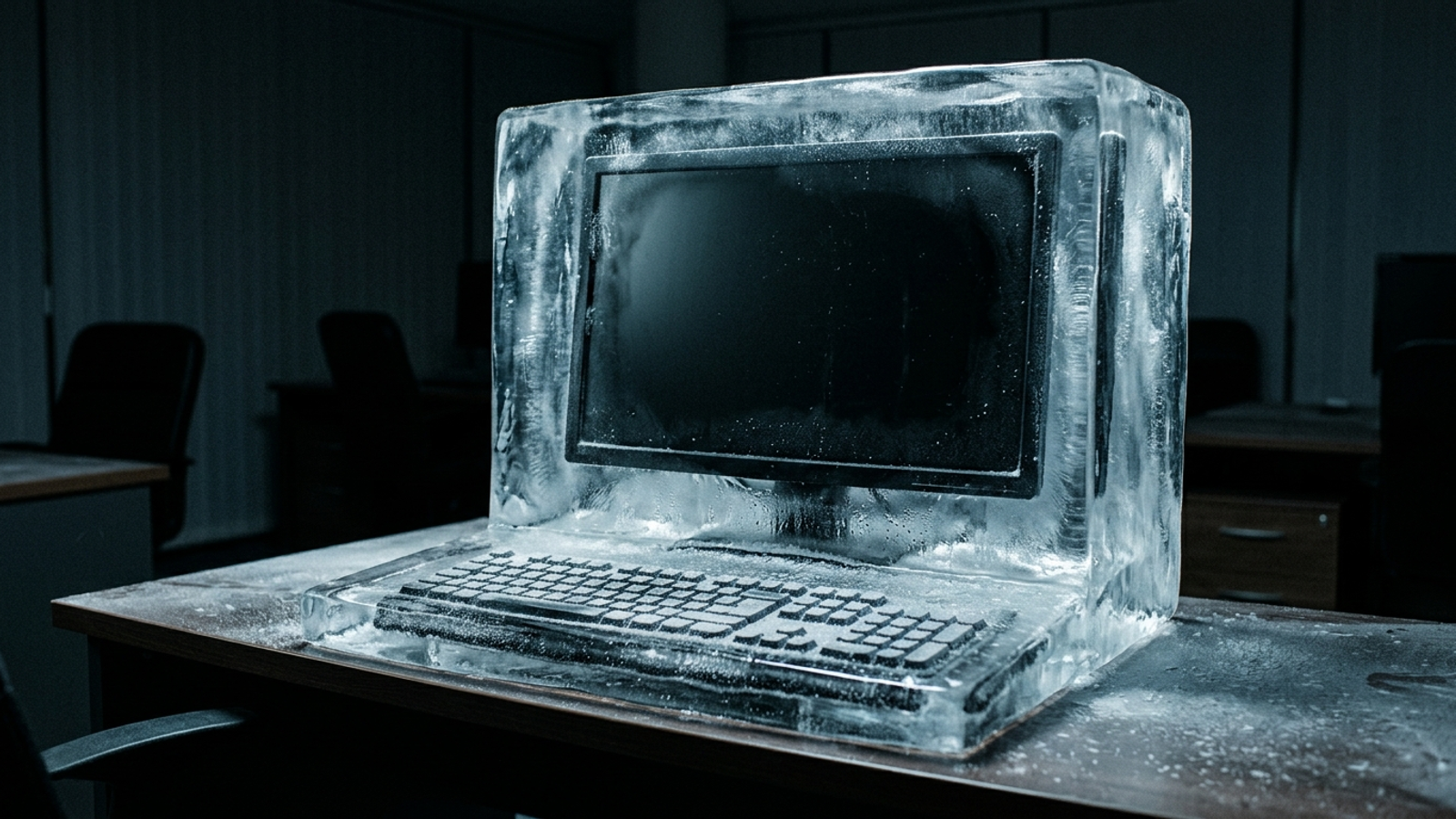 A desktop workstation encased in ice, representing a planned pause on site and campaign changes during calibration.