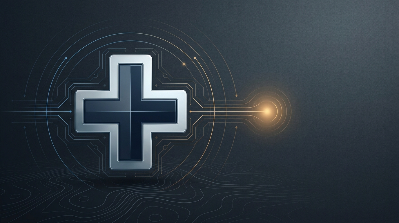 Abstract editorial illustration of a medical cross symbol integrated with precise geometric data pathways, representing compliant, strategic patient acquisition through digital advertising.