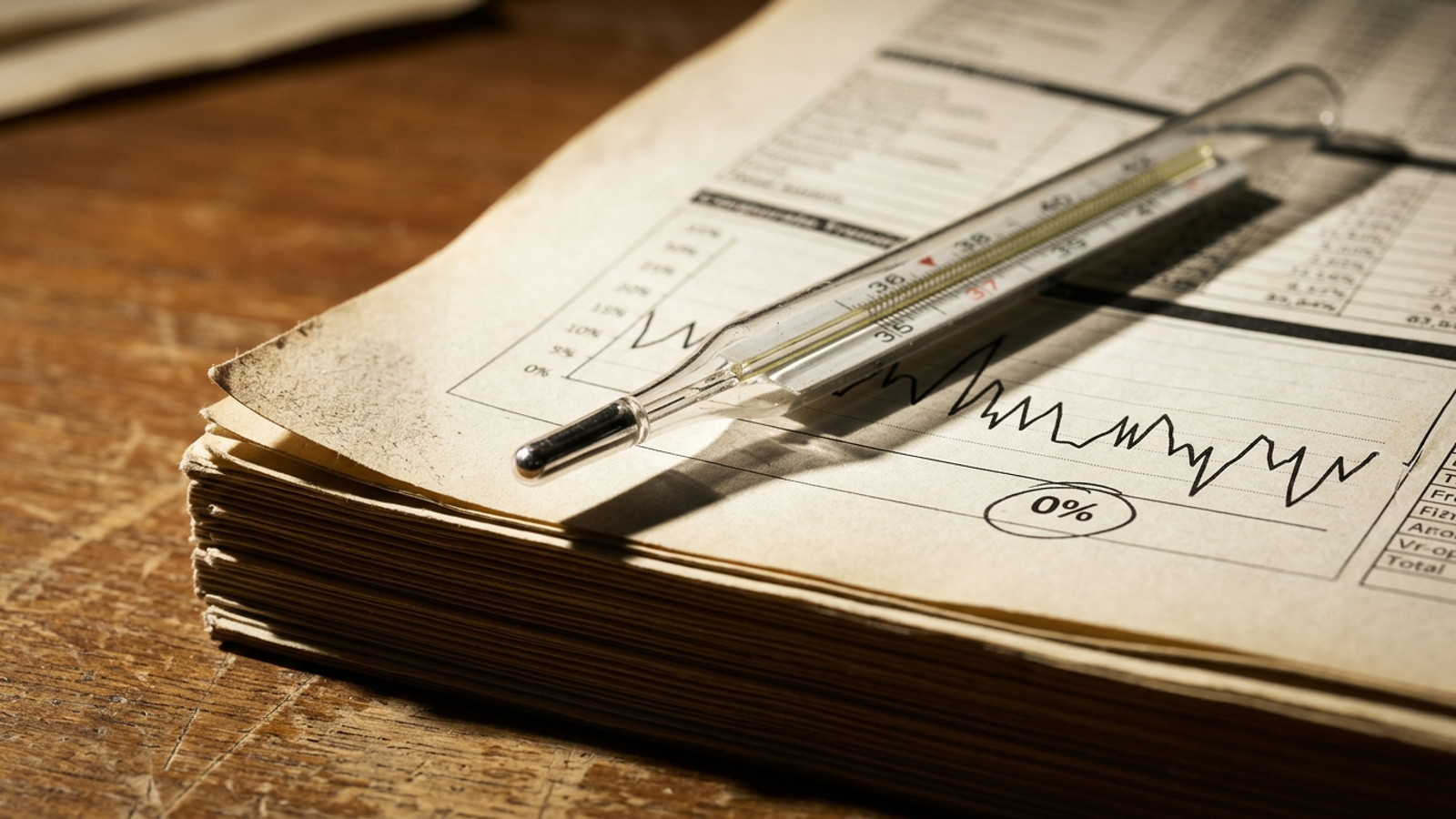 A glass thermometer resting on dusty business charts marked with a zero percent citation rate.