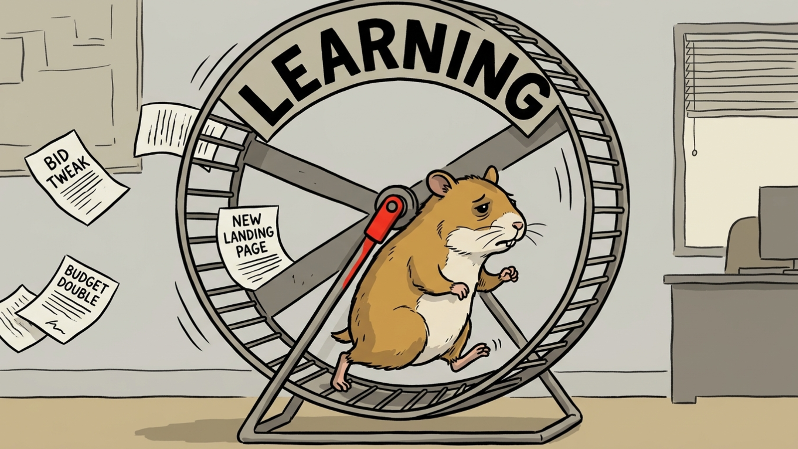 Cartoon hamster wheel labeled Learning, representing repeated campaign edits