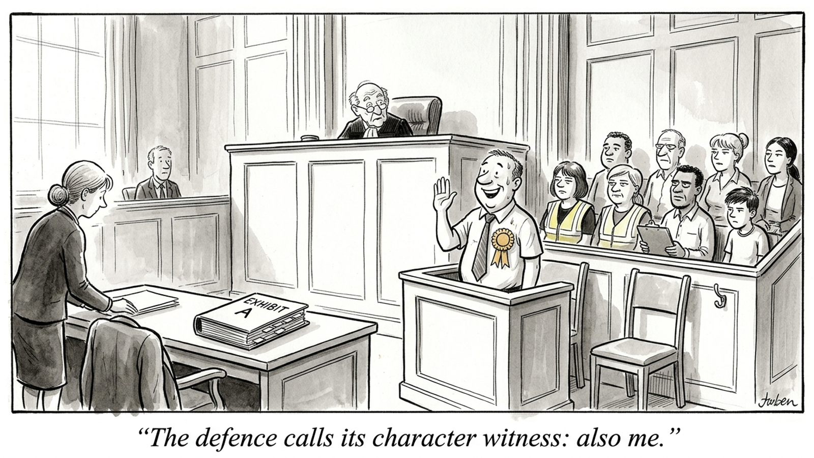 Cartoon of a business owner on the witness stand as his own character witness while a skeptical jury watches, his tidy price binder accepted as evidence.