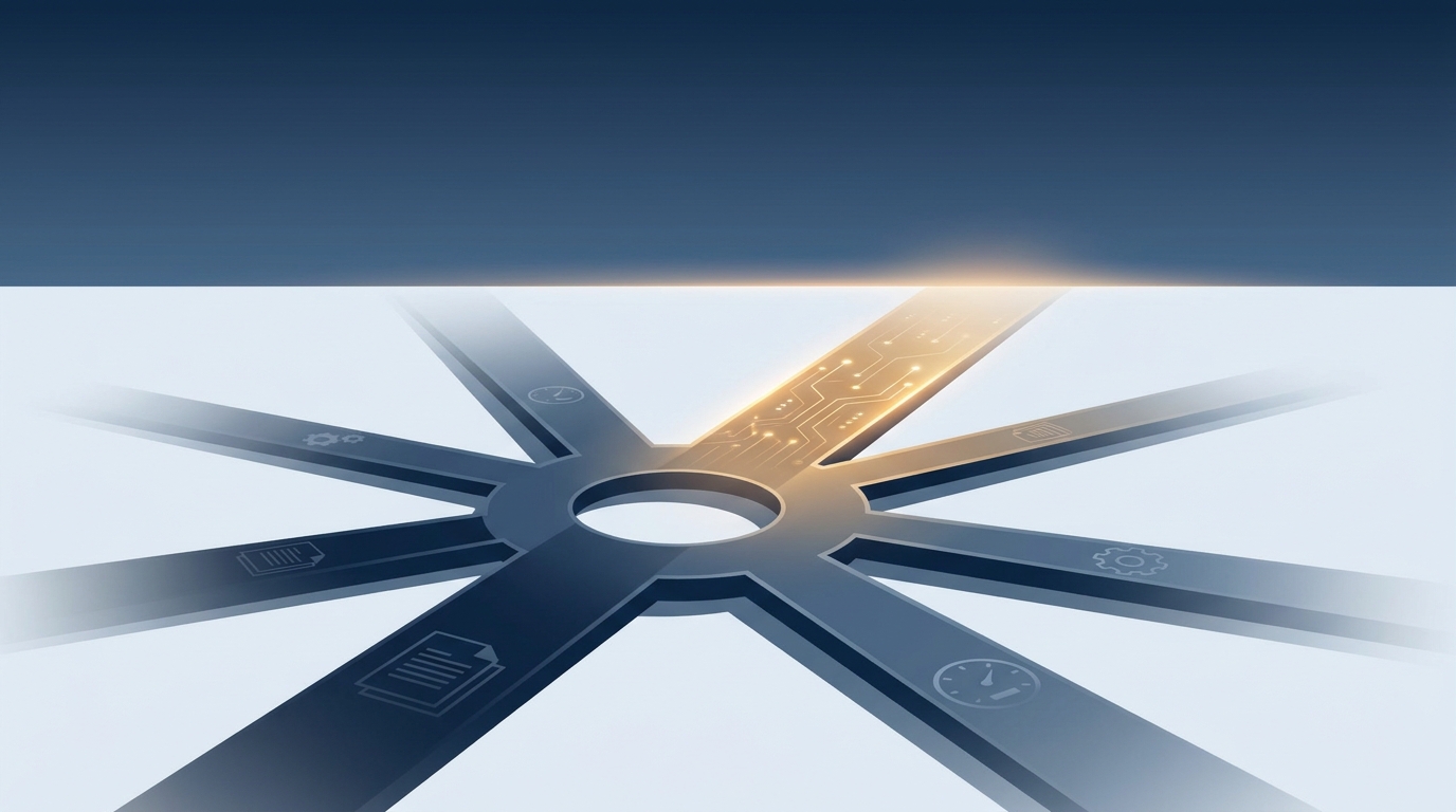 A bold editorial illustration of multiple diverging paths converging toward a single illuminated route, symbolizing the choice between ad management tools and full-service automation.