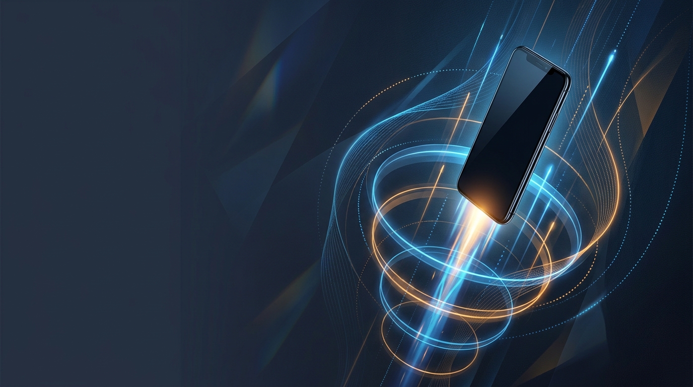 A smartphone launching upward like a rocket through layered digital signal rings, surrounded by abstract revenue and performance data streams in a dark, high-contrast editorial composition.