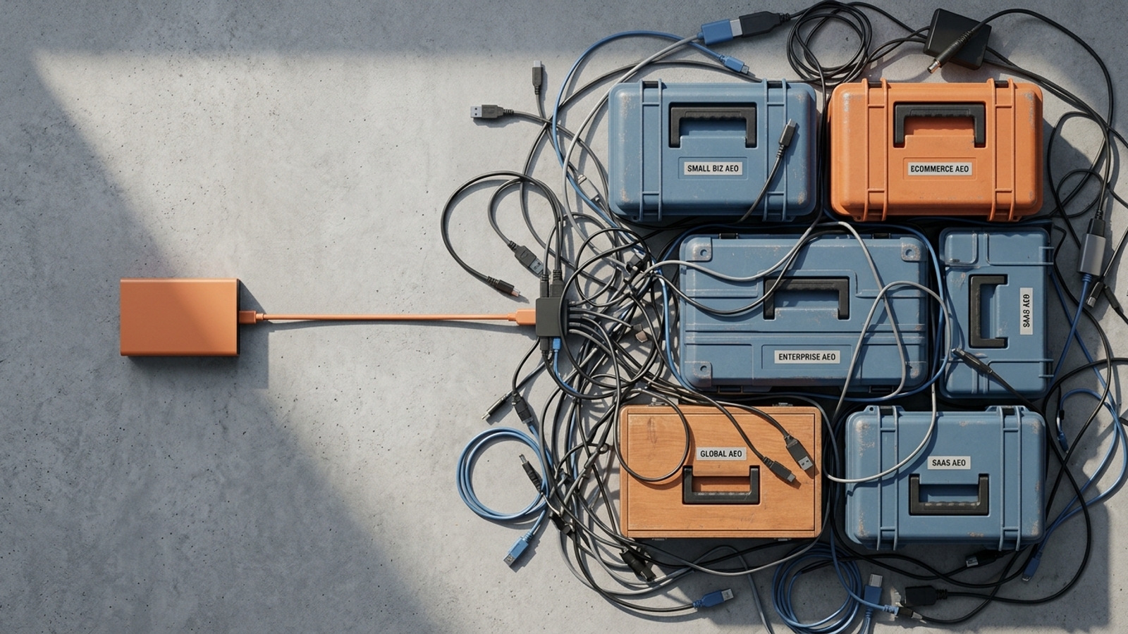 Overhead view of tangled charging cables and labeled toolboxes representing agency tool sprawl