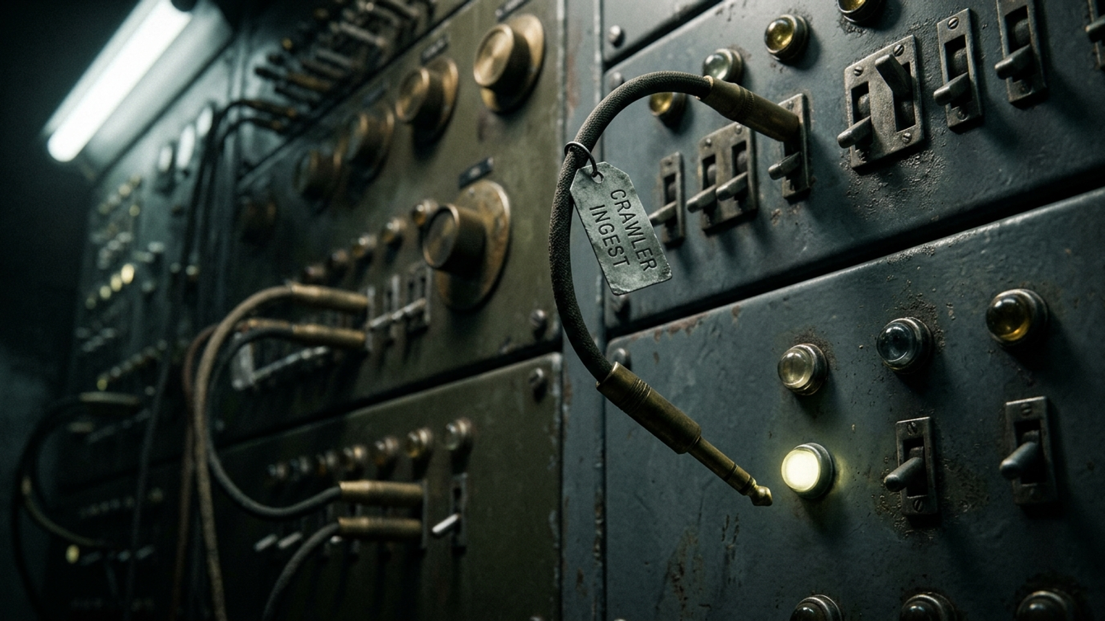 A mechanical switchboard with an unplugged line labeled BOT TRAFFIC.