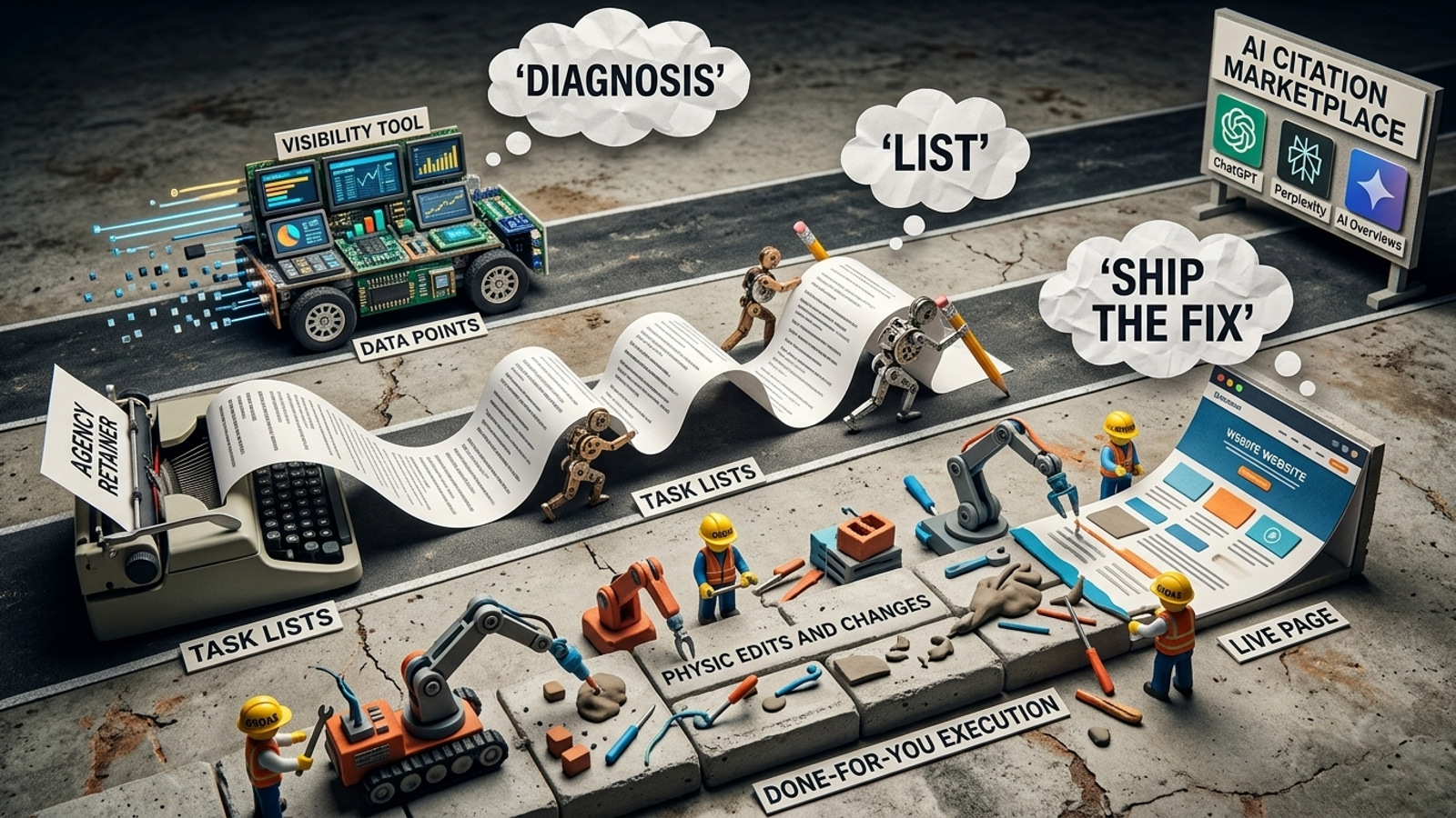 Cover image for: AI Visibility Tools vs. Agencies vs. Done-for-You: Who Actually Ships the Fix?