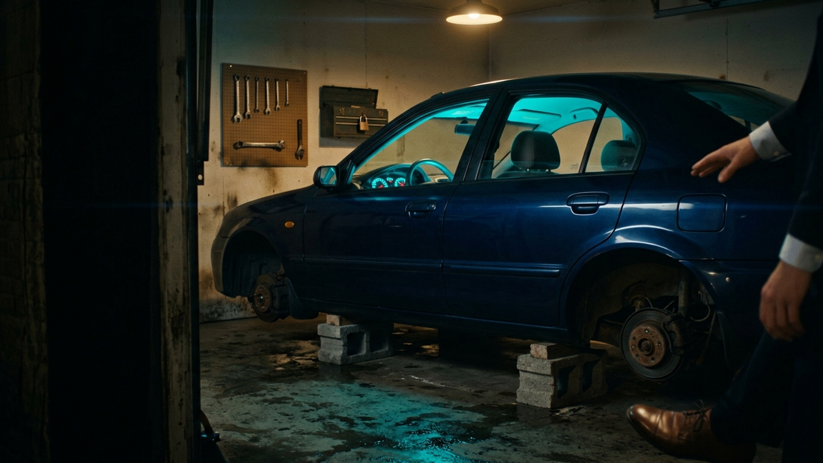 A wheel-less car on cinder blocks in a garage, its dashboard glowing with the speedometer maxed: the numbers race while the car goes nowhere.