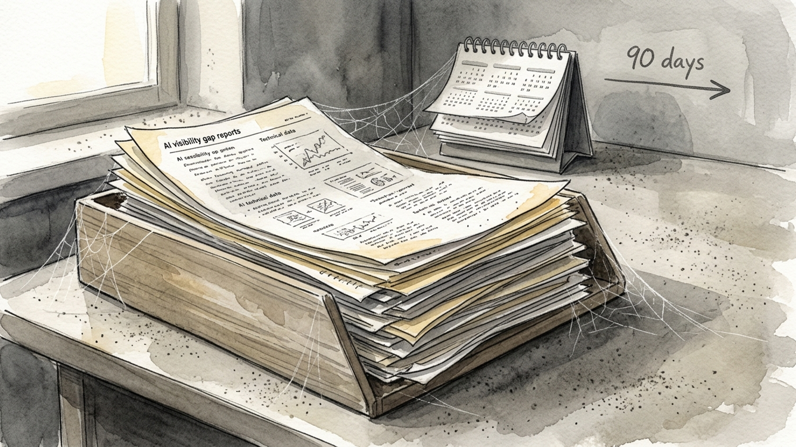 Overgrown backlog inbox burying flagged AI citation reports under dust and cobwebs