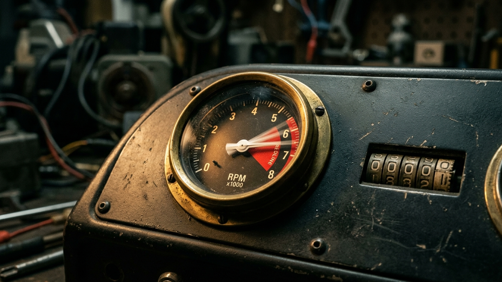 Vintage vehicle tachometer in the red while the odometer remains still