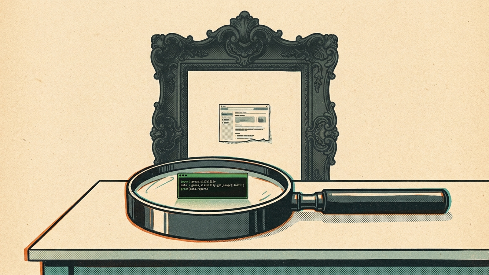 A small API script beside an ornate frame holding a single printed screenshot.