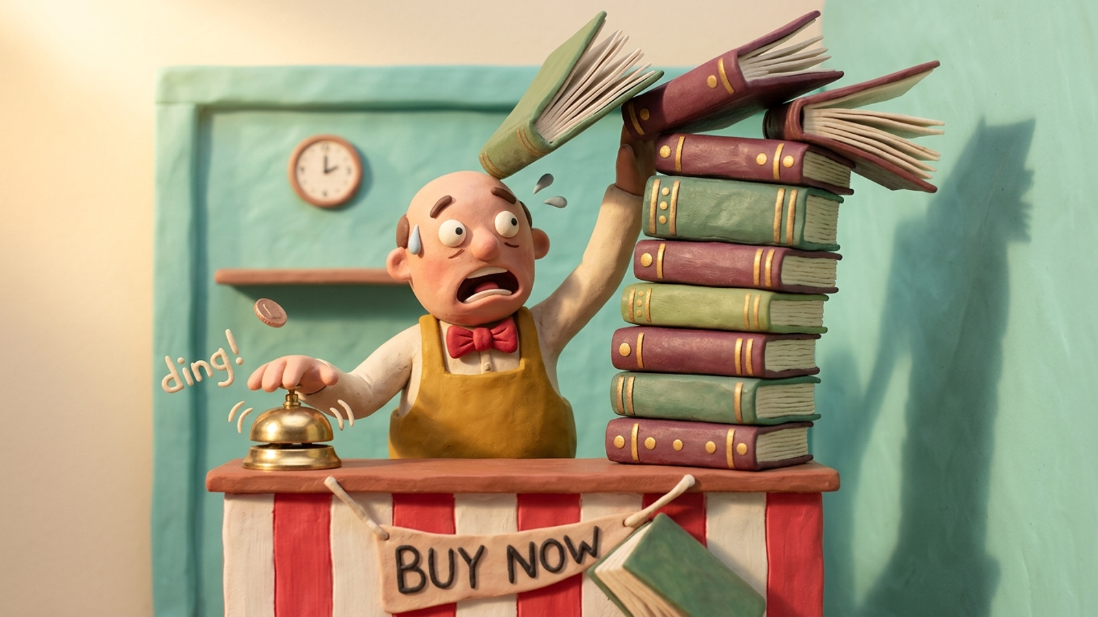 A clay shopkeeper rings a checkout bell with one hand while a tower of encyclopedias topples from the other: one page can't both sell and answer.