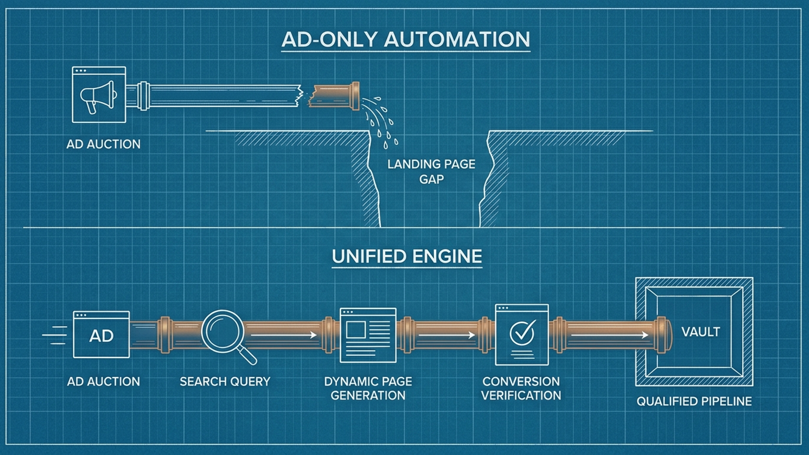 A blueprint contrasting a broken marketing funnel with a continuous path toward revenue.