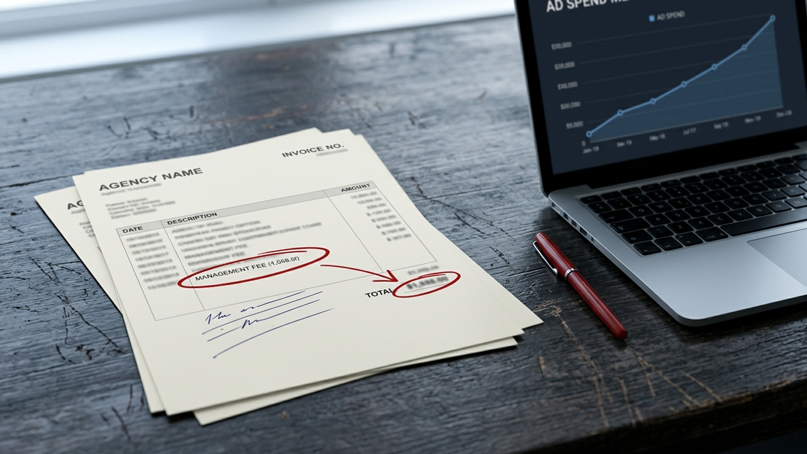 Overhead photo of an invoice where the fee rises as ad spend rises, with a red pen circling the total