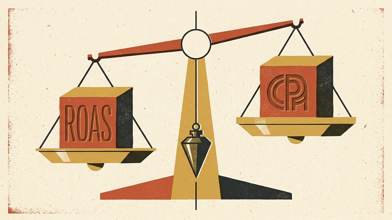 Woodblock illustration of a balanced scale weighing CPA and ROAS markers beneath a plumb line