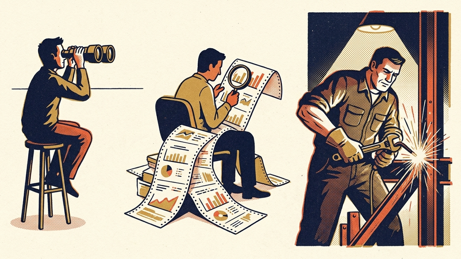 A spectator, an analyst, and a mechanic represent monitoring, diagnosis, and execution.