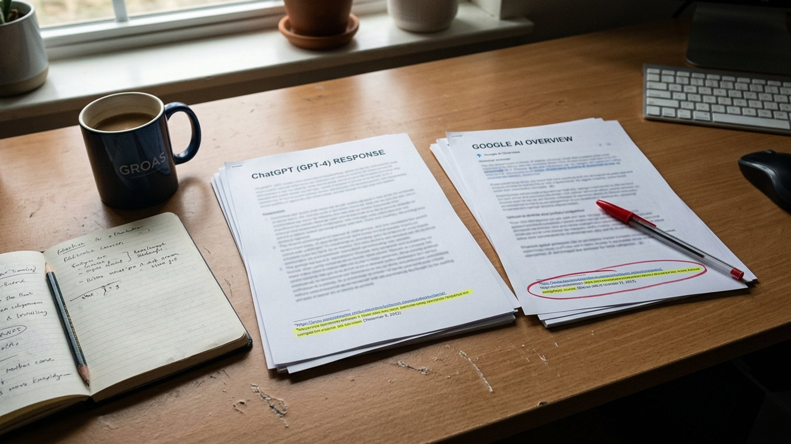 Printed AI answers on a desk, with cited sources marked in highlighter
