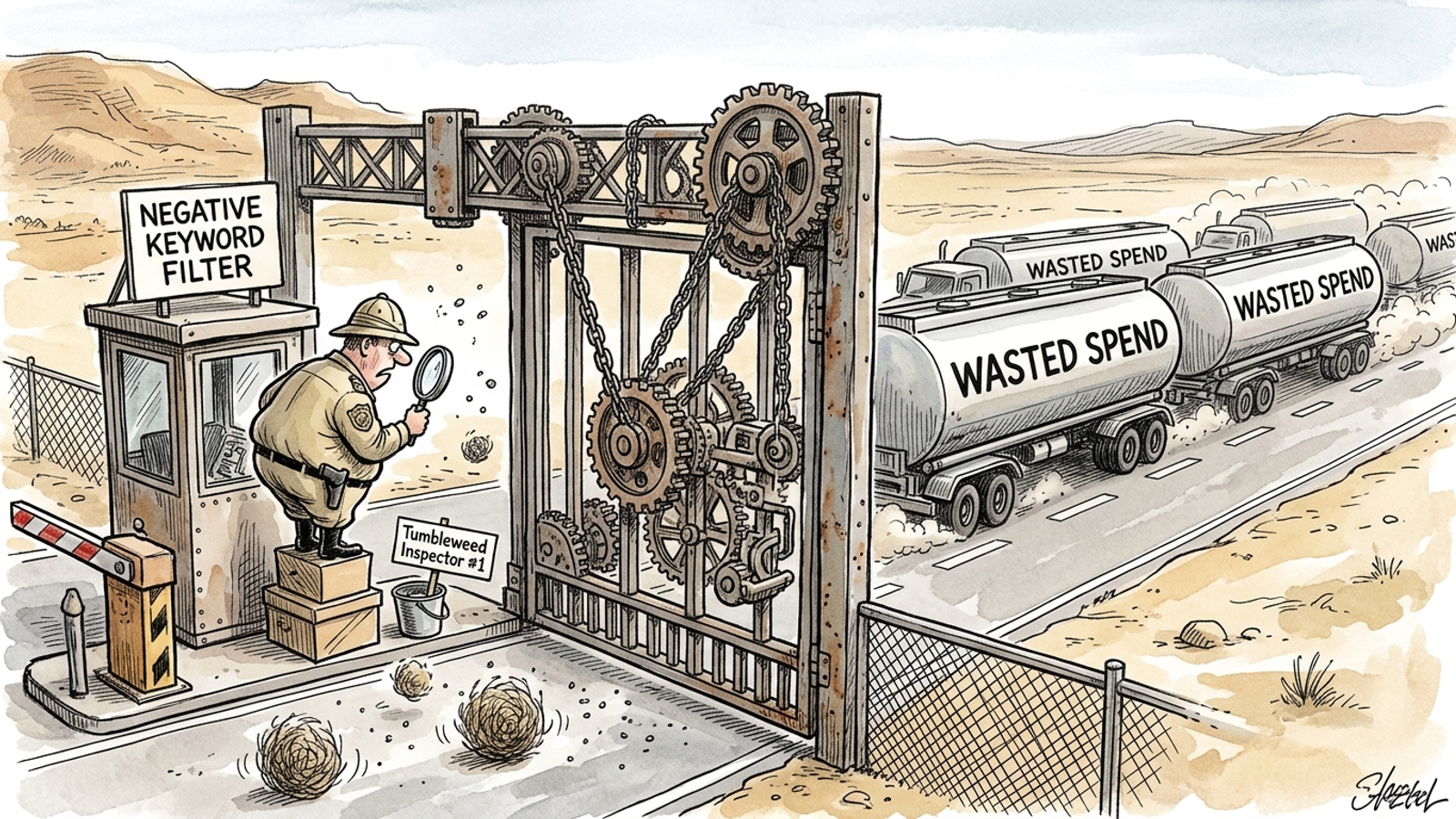 An editorial cartoon showing a fortified gate stopping tumbleweeds while trucks pass on an open road beside it.