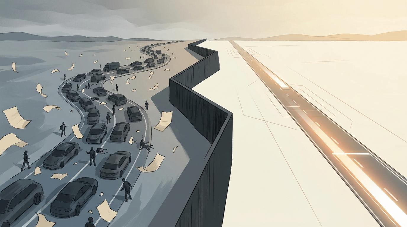 Two contrasting paths on a clean split-horizon landscape, one winding and slow, one direct and illuminated, symbolizing agency comparison and choice.