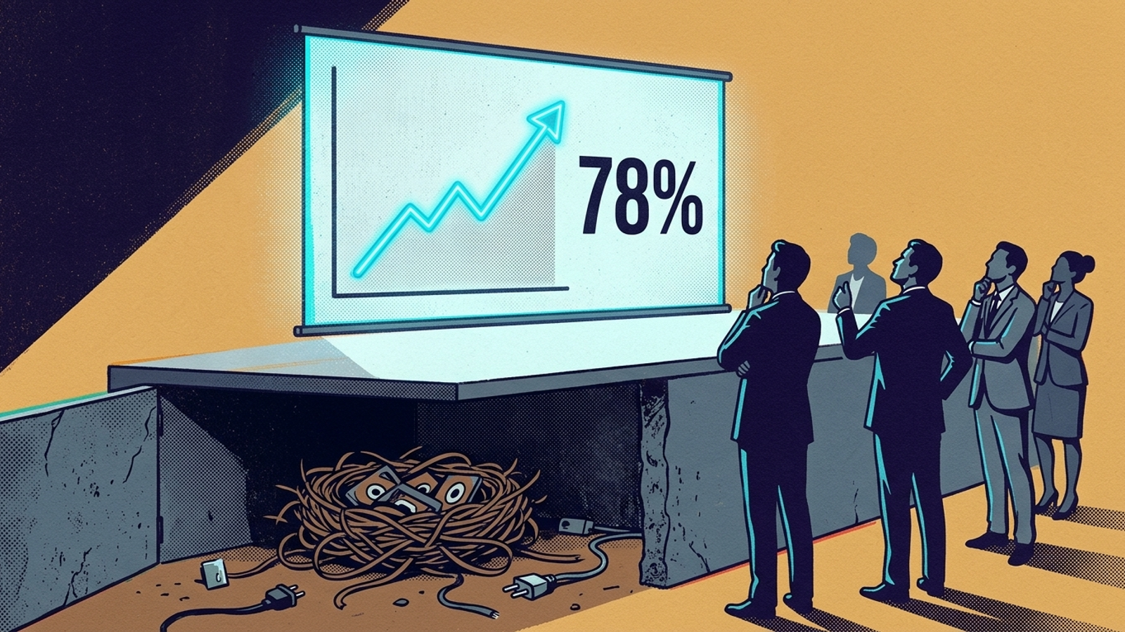 A presentation screen displays a rising AI Presence chart above disconnected plugs.