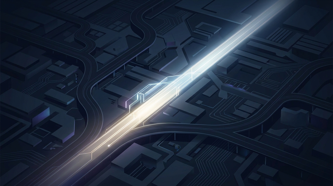 A single illuminated path diverges from several dim, tangled routes on a dark terrain, symbolizing the clear choice of autonomous Google ads management over alternatives.