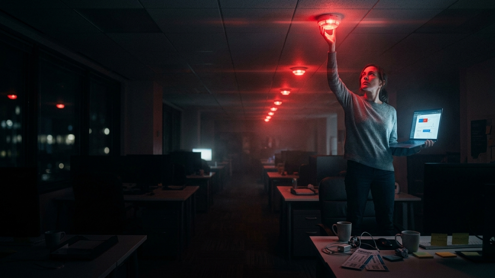 A lone strategist on an office chair reaches for one flashing smoke alarm while nine more blink down the dark corridor: alerts multiply, the work is hers.