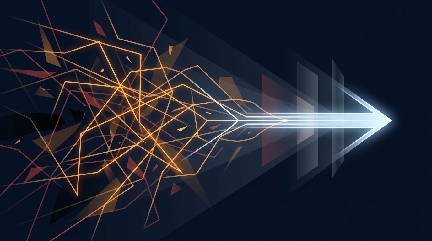 Abstract editorial illustration of fragmented glowing pathways converging into a single optimized route, symbolizing fixing wasted ad budget in Performance Max campaigns.