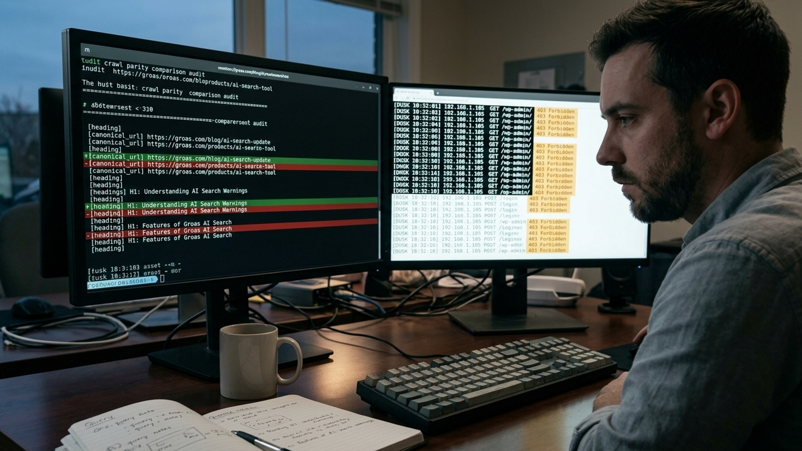 A developer desk at dusk with crawl differences and server access logs on two monitors.