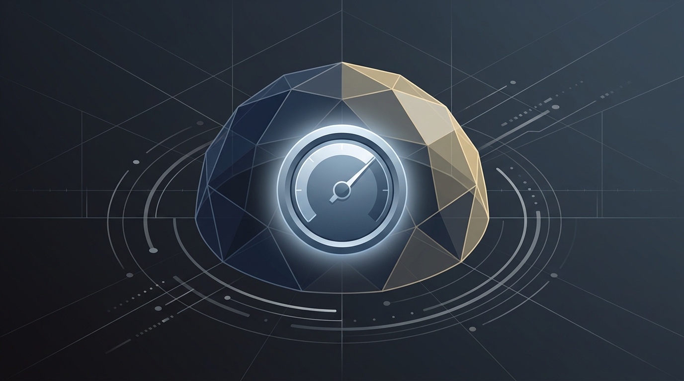 Abstract editorial illustration of a protective shield over a glowing budget dial, symbolizing PMax campaign budget protection during the learning phase