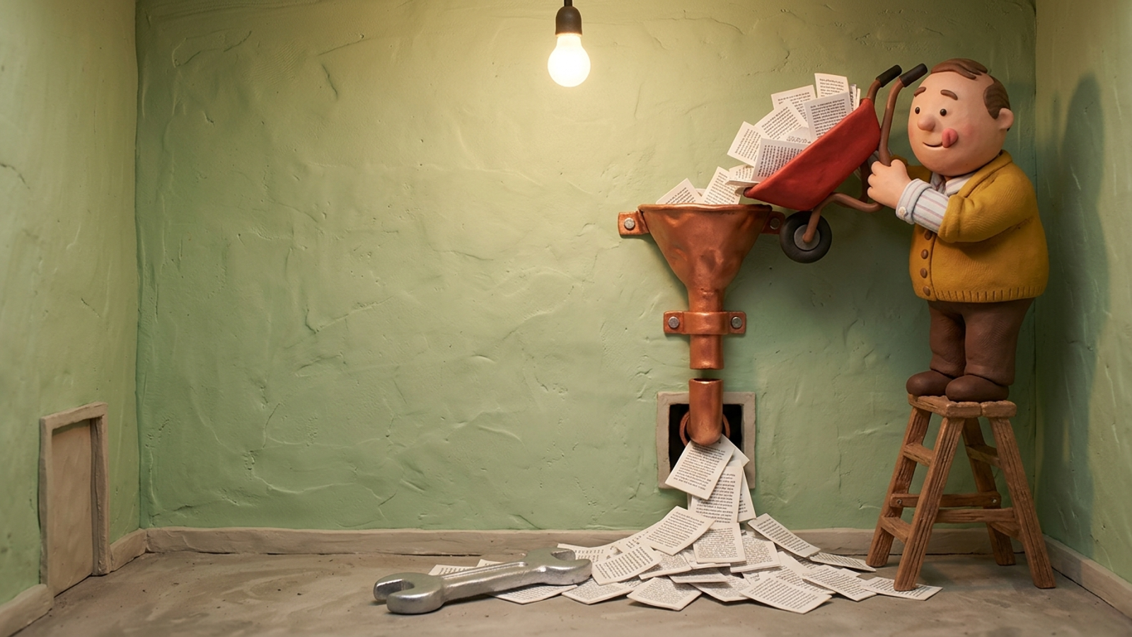 Clay figure pours a wheelbarrow of articles into a wall funnel whose pipe is disconnected, so the pages pile on the floor beside an unused wrench.