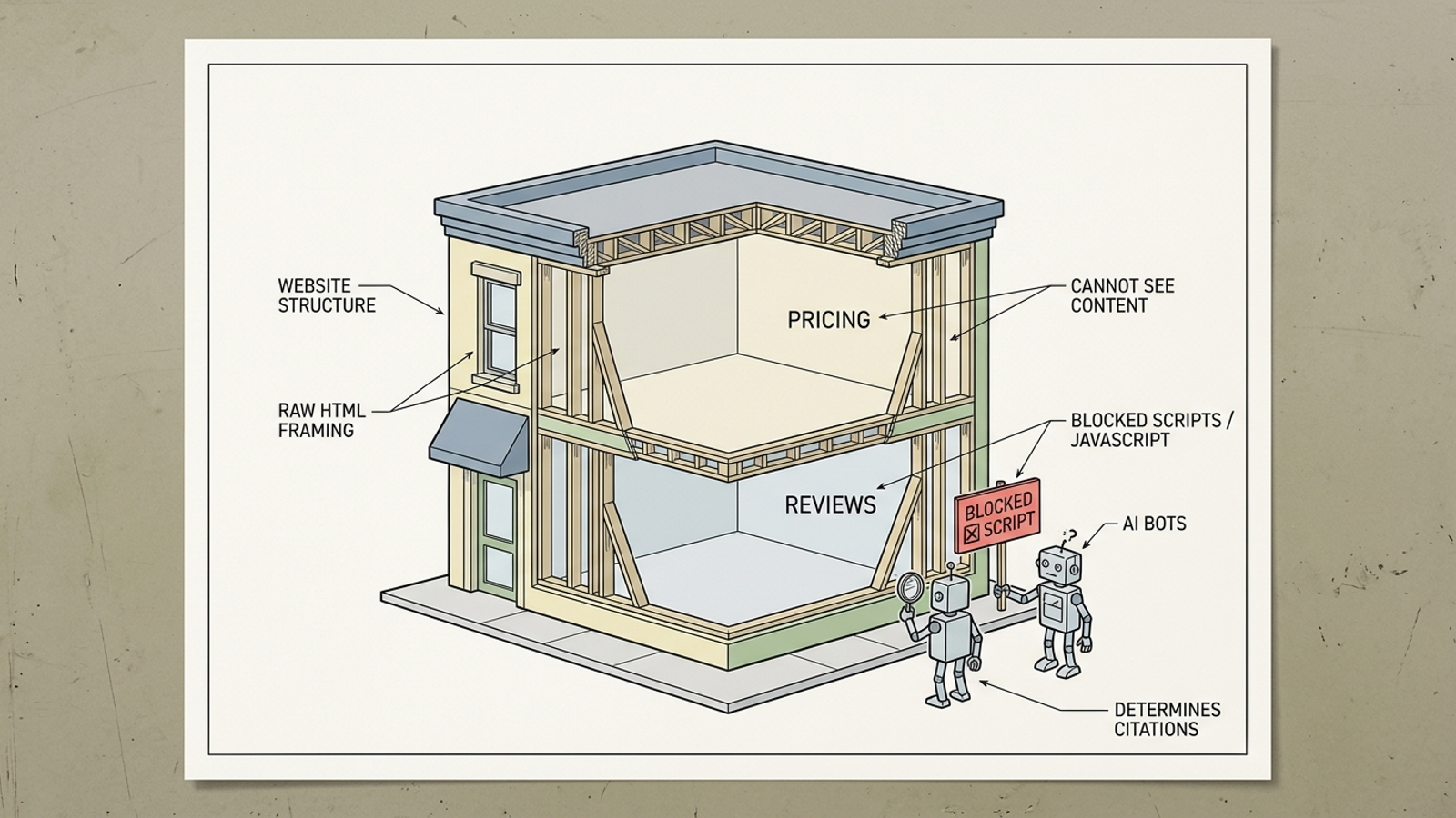 Cutaway diagram of a website showing AI bots unable to read key content