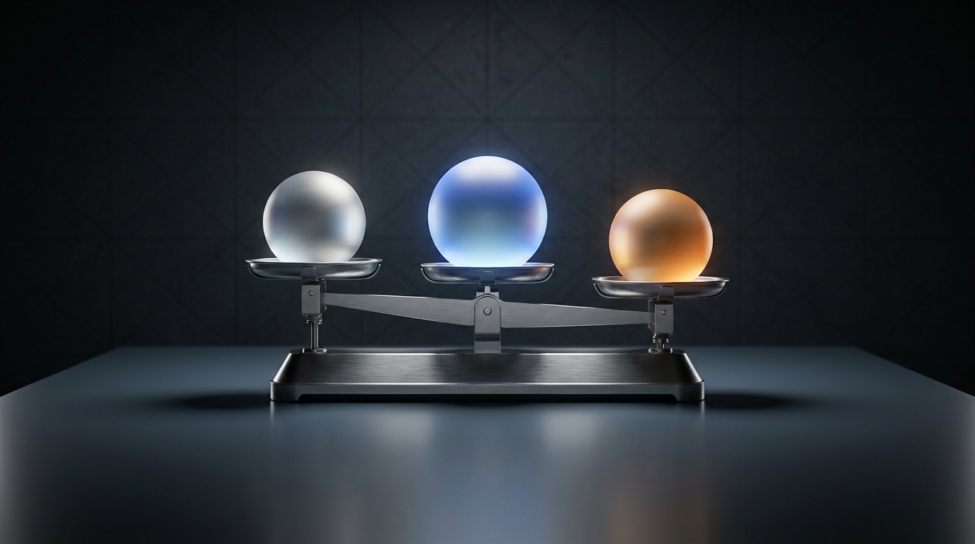 Three glowing orbs of different sizes balanced on a sleek dark scale, symbolizing a pricing and value comparison between competing tools