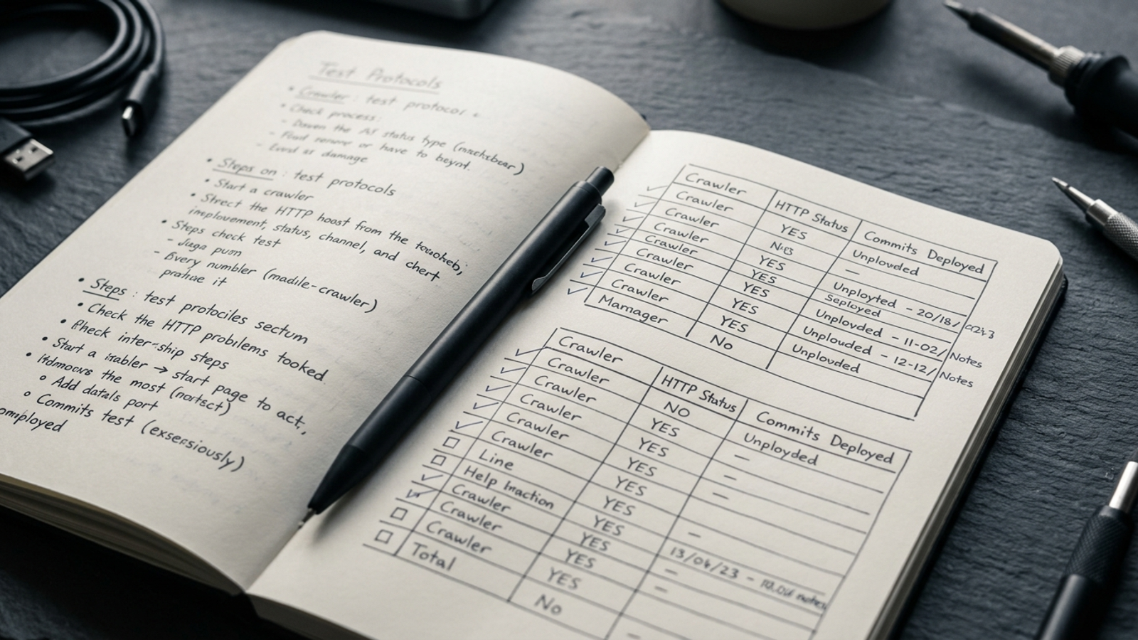 Laboratory notebook open to a checklist for crawl logs, bot status codes, and deployed changes.