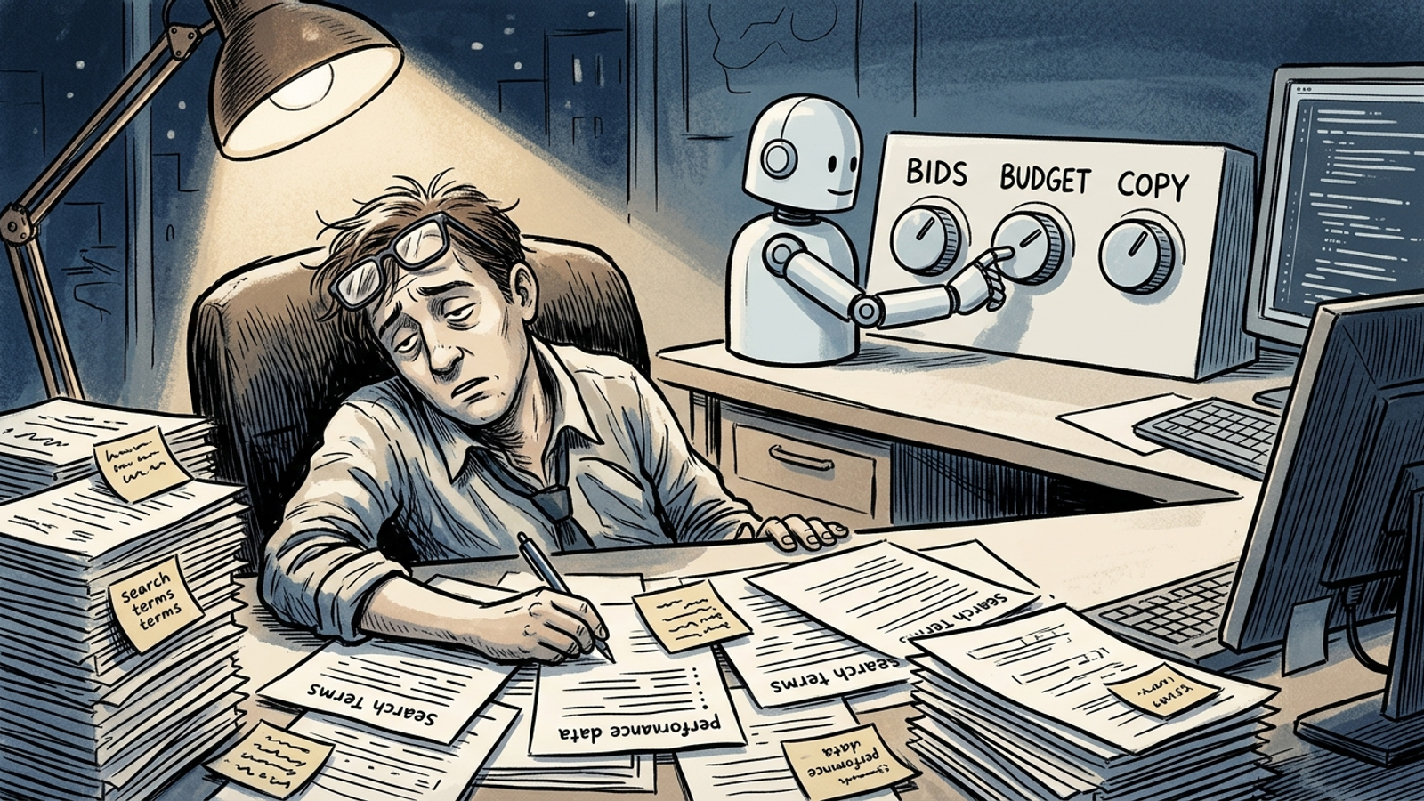 Cartoon of an exhausted media buyer under keyword printouts while a robot handles bids