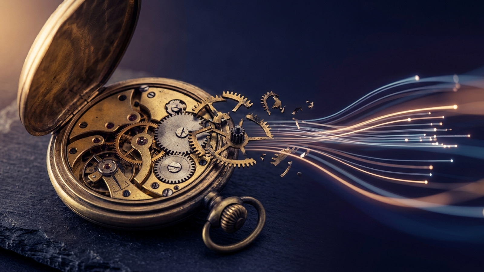 A mechanical pocket watch dissolving into glowing digital fibre-optic streams.