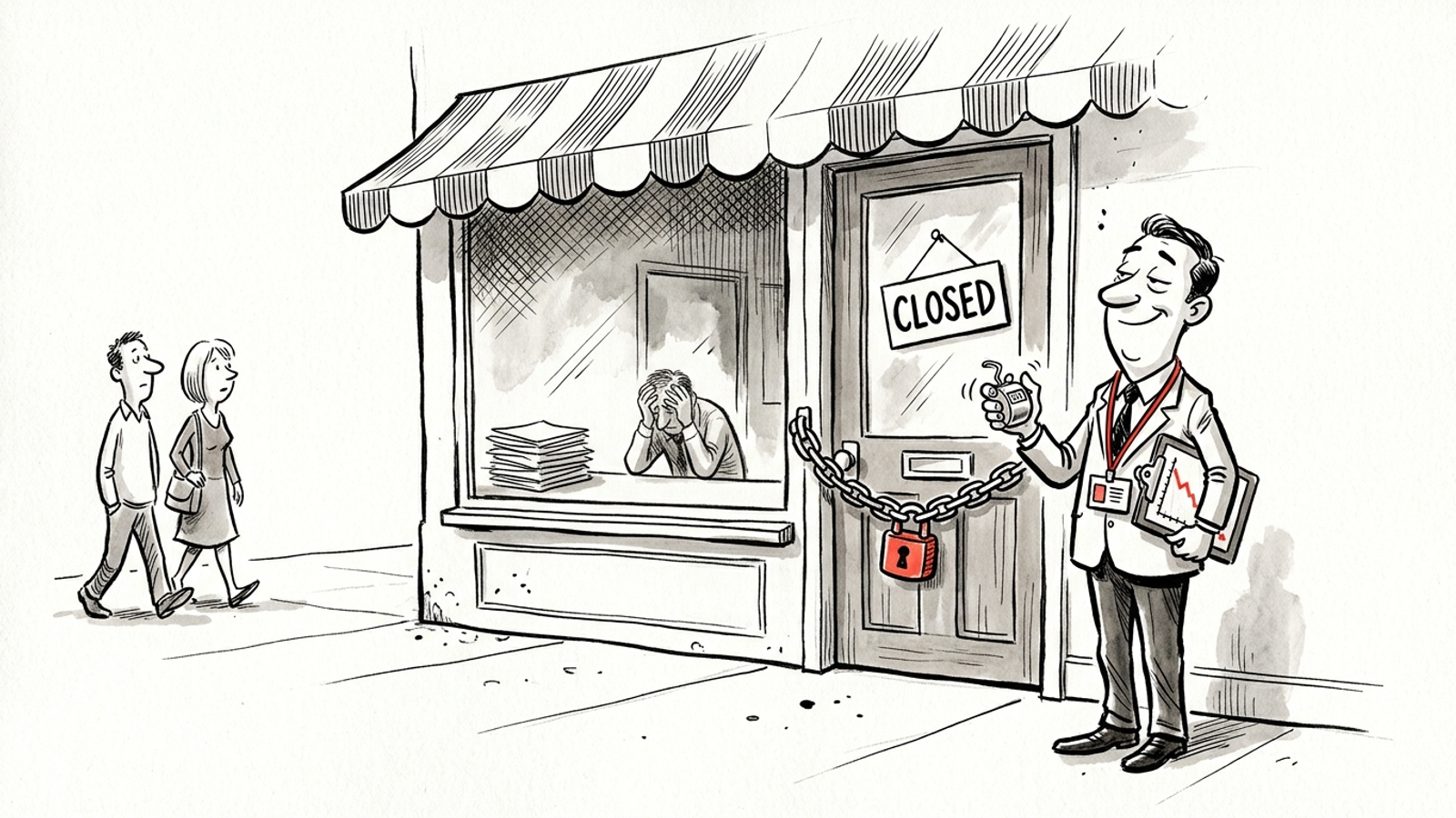 Cartoon of a smug vendor clicking a tally counter at passersby outside a shop whose door is padlocked shut: paid to count, not to fix anything.